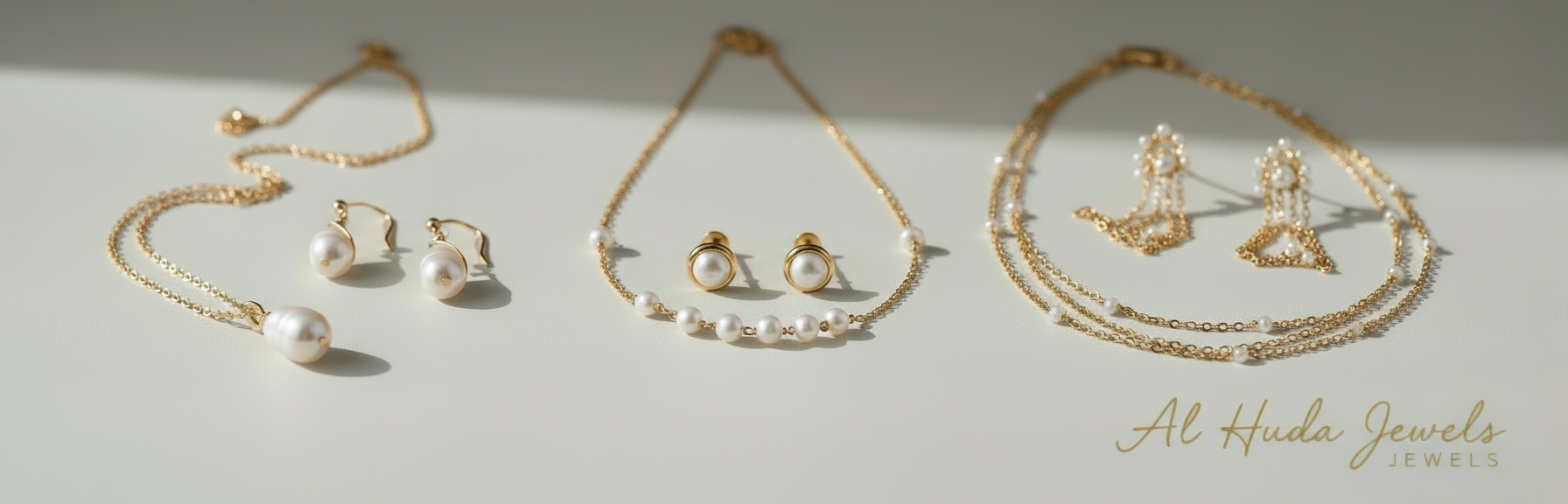 Jewelry collection banner with gold earrings pearls and necklace
 on a black background, featuring Al Huda Jewels logo