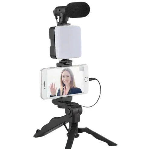"All-in-One Mobile Vlogging Kit: Tripod, Microphone, LED Light"