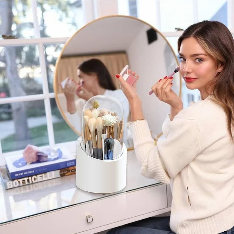 " 360° Degree Rotating Makeup Brush Holder With Dustproof Lid | Cosmetic Brush Case |"