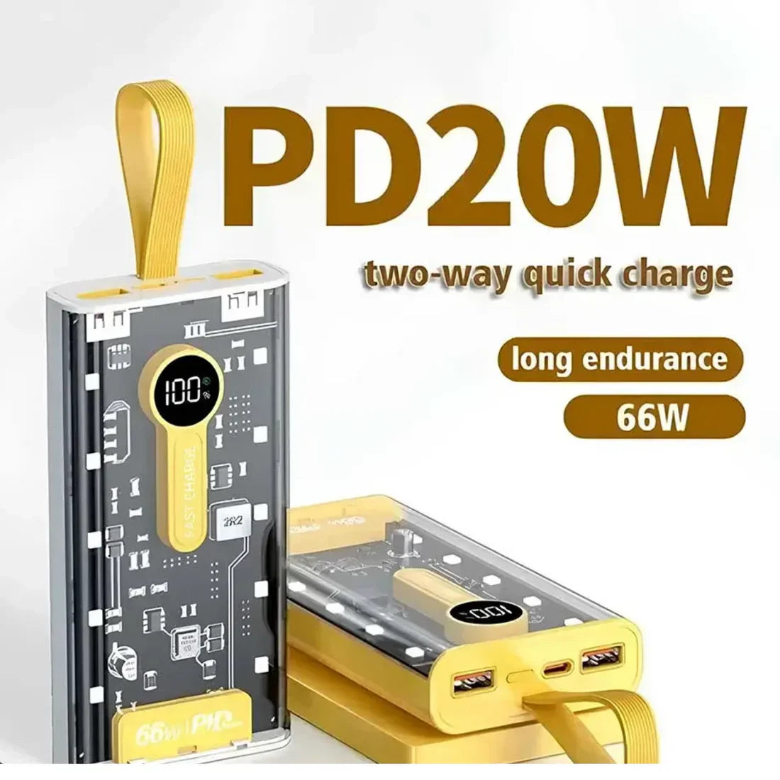 "Transparent 20,000mAh Power Bank: Fast 66W Charging, 10,000mAh PD 22W"