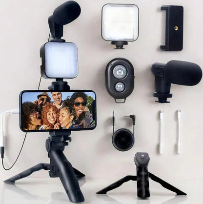 "All-in-One Mobile Vlogging Kit: Tripod, Microphone, LED Light"