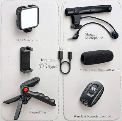 "All-in-One Mobile Vlogging Kit: Tripod, Microphone, LED Light"
